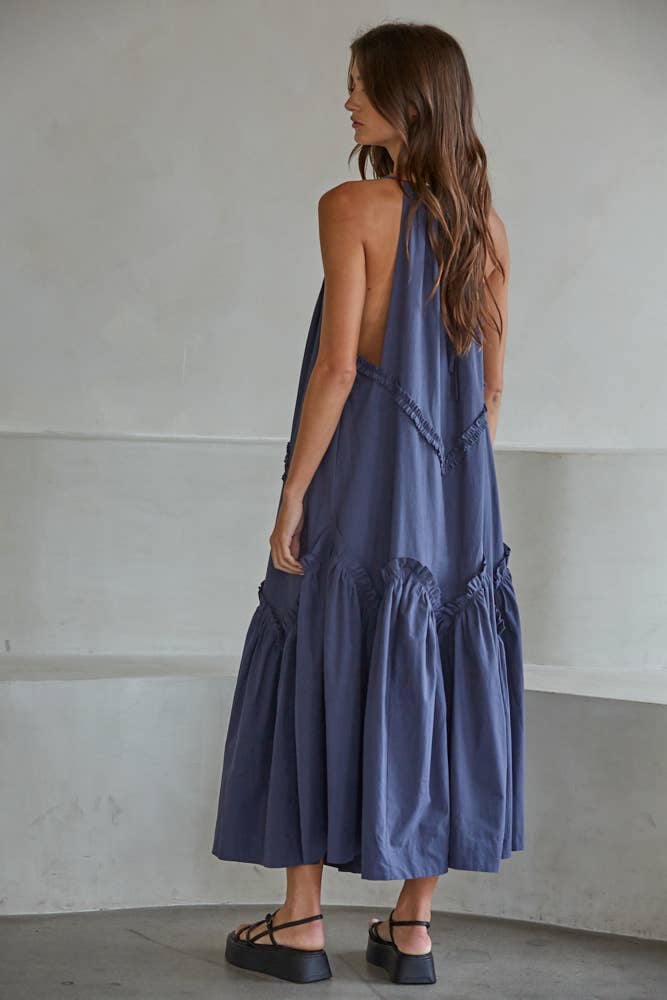 ruffle v neck maxi dress in navy Woven Cotton V-Neck Trim // Dark S 3/4 Sleeve Back Style Knit Bodycon Dress Size:M - Tall styleattribute-flowy styles styleattribute-halter neck