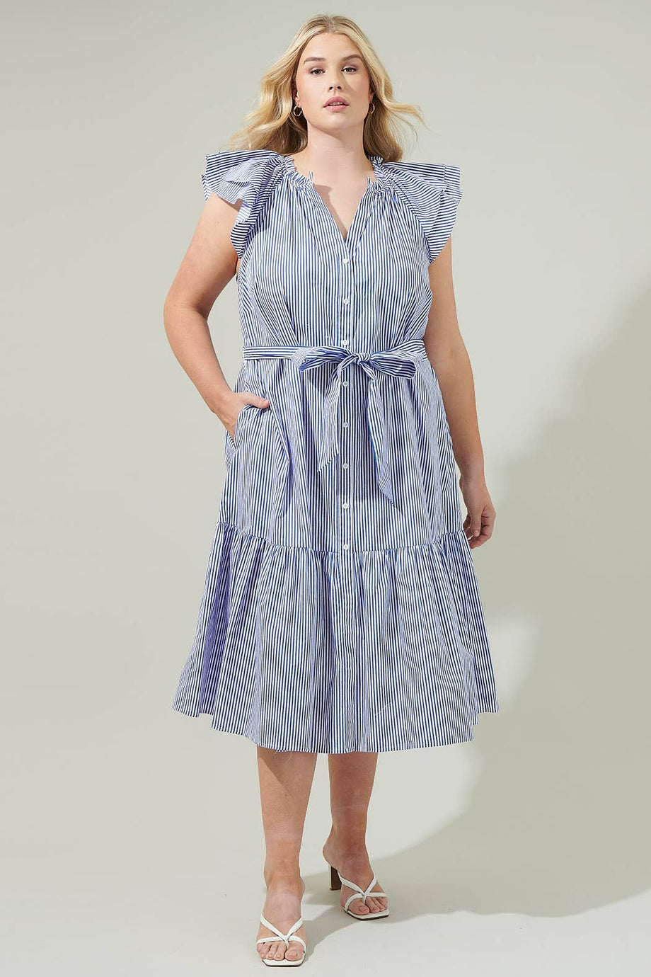 Sherah Striped Charlotte Button Midi Dress Curve BLUE-WHT-STRIPE / 2X by Sugarlips